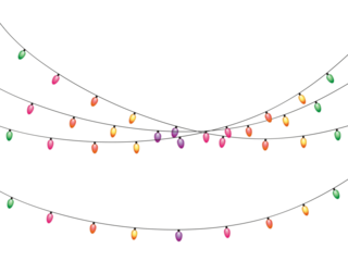 Festive strings of colorful holiday lights illuminate the dark with a vibrant glow