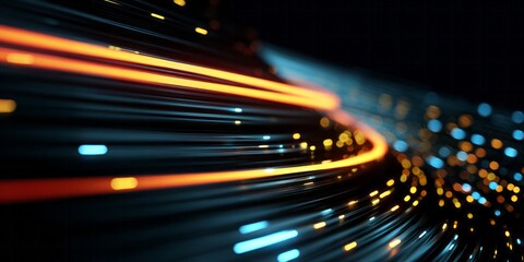 Bright streams of light flow rapidly through a dark digital pathway.