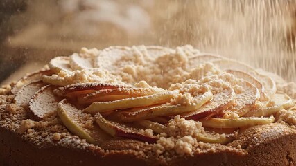 Captivating Apple Cake Preparation A Symphony of Sliced Apples and Crumble Topping Being Sprinkled with Powdered Sugar in a Warm Inviting Kitchen Setting.