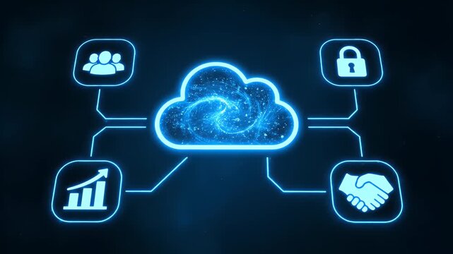 A digital cloud computing concept with connected service icons