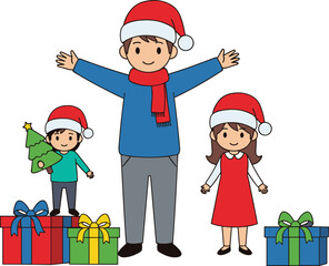 Christmas family vector with Santa hats, gift boxes, and cheerful poses for festive, lifestyle, and holiday illustration themes.