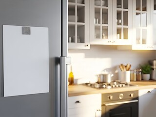 Modern kitchen with blank fridge note space for reminders and to do lists