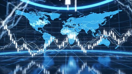 Global financial data visualization with candlestick charts and world map 4k video - Powered by Adobe