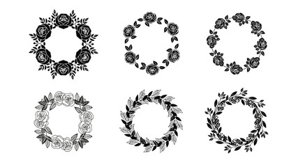 Floral wreaths and circular arrangements in black and white illustration style