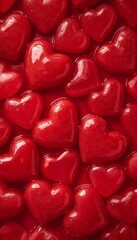 Red Glossy Heart Candies Background. Close-up of shiny red heart shaped candies forming a vibrant, seamless background. Perfect for Valentine&rsquo;s Day, love themes, sweetness, and celebration concepts.
