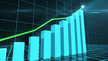Blue bar graph showing upward trend on grid surface with neon green line 4k video - Powered by Adobe
