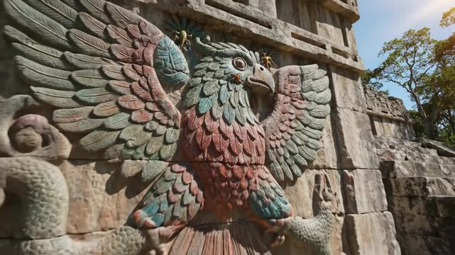 Majestic Mayan temple carvings with feathered serpent and bird sculptures unveiling ancient artistry