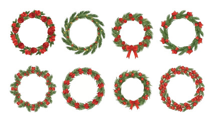 Collection of festive holiday wreaths with red berries and green foliage