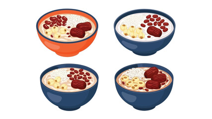 Four bowls of asian sweet red bean porridge with toppings illustrated