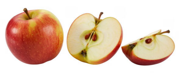 Red apples with one sliced in half and one quartered sliced apple quartered apple isolated on a transparent background