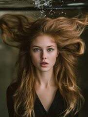 A young woman submerged beneath the water surface, hair floating freely, symbolizing stillness, vulnerability, and the quiet moment between breath and thought.