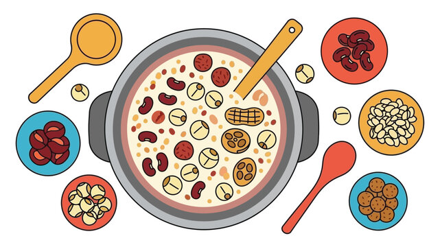 A vibrant top down view of a pot of soup with various ingredients around it