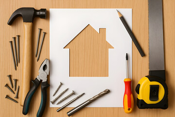 DIY construction and home improvement concept with tools surrounding a paper cutout house outline on a light wood background.