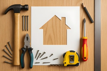 Home improvement tools surrounding house silhouette cutout on wood background, symbolizing building, repair, and planning.