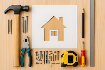 Home construction and repair concept with a variety of tools, including hammer, nails, screws, and a house silhouette on a wooden background. Flat lay.