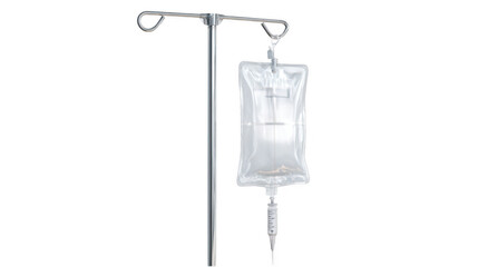 Medical iv drip bag hanging with blue liquid inside, connected to a transparent tube and a needle, on a transparent background, ready for intravenous therapy