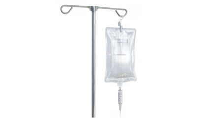 Medical iv drip bag hanging with blue liquid inside, connected to a transparent tube and a needle, on a transparent background, ready for intravenous therapy