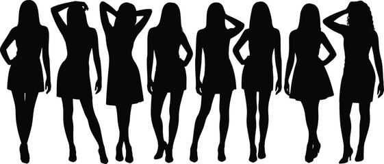 Fashionable women silhouettes vector illustration showing stylish female poses, elegance, confidence, modern fashion lifestyle concept, minimalist black design