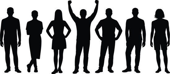 Group of standing people silhouettes vector illustration showing diverse men and women poses, teamwork concept, social diversity, minimalist black design