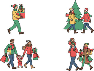 Holiday shopping and celebration vector scenes with families, gifts, and winter clothing for festive, lifestyle, and seasonal themes.