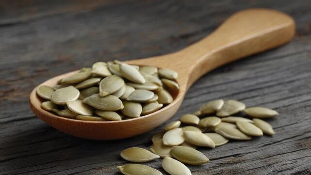 A visually appealing close-up shot features a collection of pale green, shelled seeds, elegantly displayed within a rustic wooden spoon. Adjacent to the spoon, additional seeds are scattered naturally