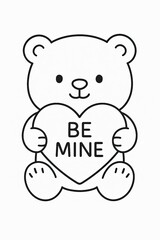Obraz premium Valentine bear drawing Cute teddy bear holding heart with be mine text coloring page, black and white cartoon illustration for kids and valentine theme