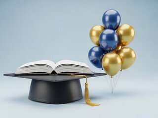 Graduation cap and an open book on a flat surface, with blue and gold balloons floating nearby, symbolizing academic achievement