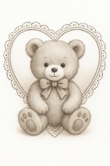 Obraz premium Valentine bear drawing cute teddy bear sitting inside heart frame, soft pencil illustration for love valentine romantic design