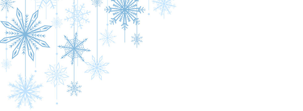 Winter vector border with hanging snowflakes on white background. Elegant seasonal design for Christmas cards, banners, invitations, headers, posters, and festive layouts