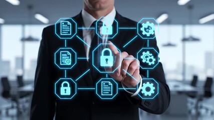 Businessman managing network security on a futuristic digital interface - Powered by Adobe