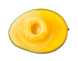 Cross-Section of Green Unripe Mango Half Dipped in a Swirl of Liquid, Top-Down, isolated on transparent background