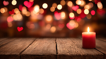 red hearts bokeh and candles on wooden background
