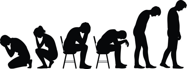 Sad people silhouettes vector illustration showing emotional stress, loneliness, despair poses, mental struggle concept, expressive human body language design © Sihab Creatives