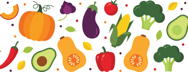 Fruit and vegetable illustration, colorful harvest design, healthy food layout, autumn produce artwork, flat vector style, organic theme