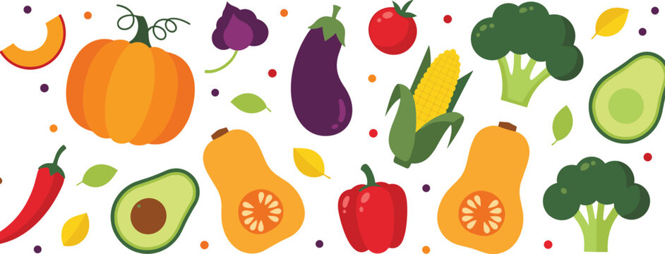 Fruit and vegetable illustration, colorful harvest design, healthy food layout, autumn produce artwork, flat vector style, organic theme