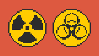 Danger signs pixel: toxic, radioactive hazard, biohazard signs 8 bit.