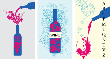 Wine poster set, minimalist bottle design, grape and vine illustration, modern drink artwork, flat vector layout, stylish wine theme © Ruhanul