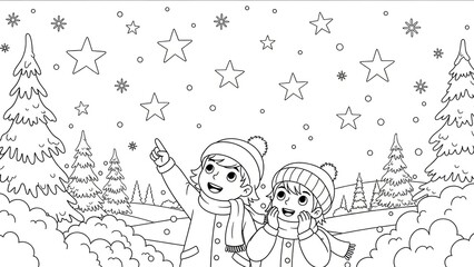 Obraz premium Children Exploring a Snowy Forest with Stars in a Festive Winter Scene