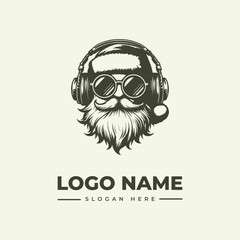 A monochromatic illustration of a bearded man wearing headphones and goggles with a placeholder logo name and slogan on a plain background.