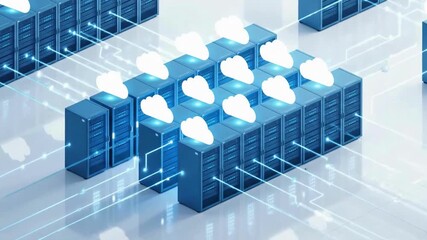 Cloud computing data center network and server racks animation