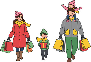Winter family shopping vector with gifts, scarves, and cheerful walking scene for holiday, lifestyle, and seasonal illustration themes.