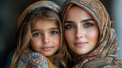 Mother & daughter in headscarves embracing