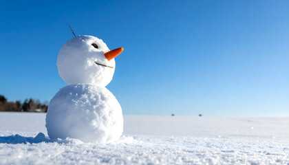 Cute Snowman with Carrot Nose Standing in White Snow Field against Clear Blue Sky Background with Copy Space