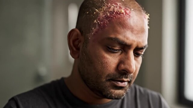 Man Examines Head Wound: Exploring Skin Injuries, Recovery Process and Care Routine Close-up Video