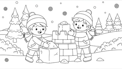 Adorable children building a snow castle during winter outdoors
