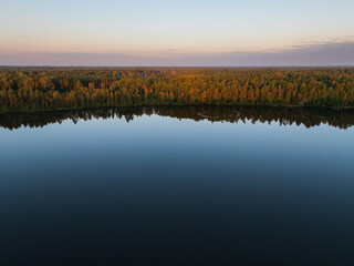 High angle drone view of a tranquil, dark lake mirroring the autumn-colored forest under a clear evening sky in Estonia.