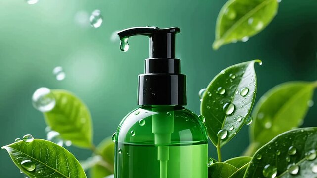 FreshGreenBottlewithBlackPumpAmidstLeavesandWaterDroplets