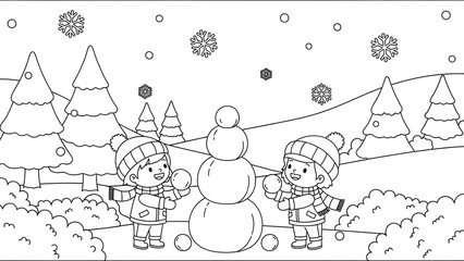 charming winter scene with children building a snowman among snow-covered