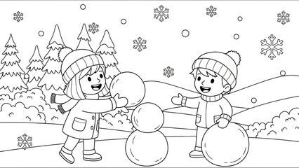 Children Building Snowmen in a Winter Landscape with Snowflakes and Pine Trees
