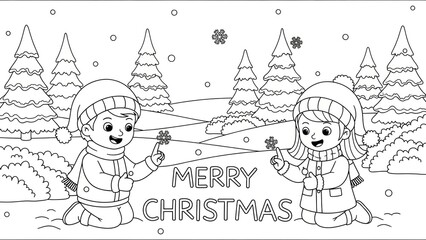 Children Celebrating Christmas Outdoors with Snowfall and Festive Greetings